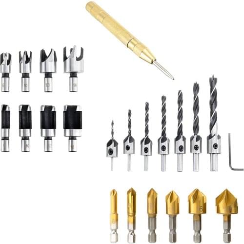 23Pcs Woodworking Chamfering Countersunk Drill Bit Set Wood Plug Cutter Drill Bit Automatic Center Punch 5 Flute ChamferingDrill