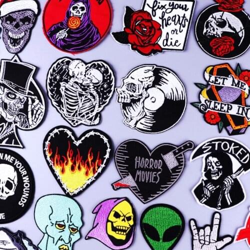 Skull DIY Embroidered Patches For Clothing Hippie Rock Band Patch Iron On Patches For Clothes Stripes Punk Patch Sticker Badges