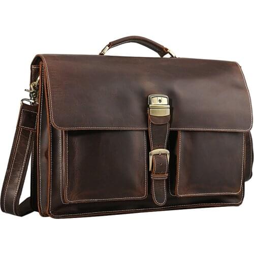 New product mens leather casual briefcase 17 inch laptop bag top layer Crazy Horse leather shoulder messenger bag