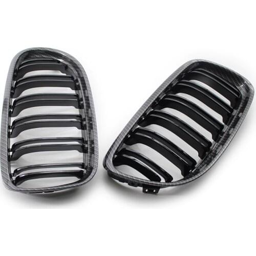 Pair of Carbon Fiber & Black Dual Slat Front Kidney Grill For BMW E90 LCI 09-12
