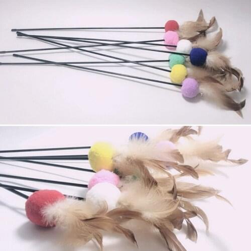 Random Color Cat Wand Toy Interactive Pom Pom Ball Fake Feather Cat Teaser Pet Stick Toy Kitten Training Toys Legendog