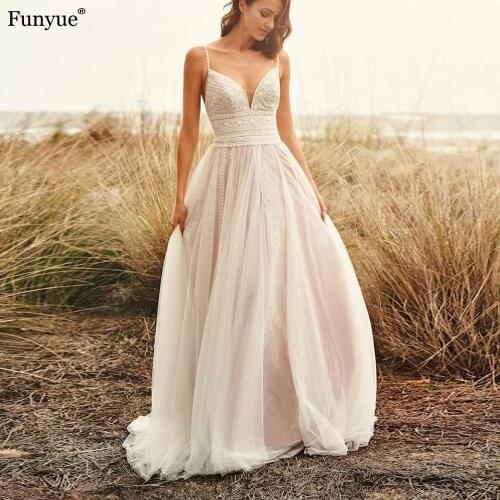 Romantic Spaghett Straps Boho Wedding Dress Ivory Lace Bodice Bridal Gowns Tulle A-Line Robe De Mariee 2021 Bride Dresses