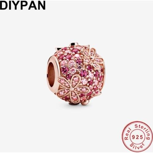 Pink Pave Daisy Flower Charm Beads Fit Pandora Original Bracelet Charm 925 Sterling Silver Pendant Bangle Jewelry Berloque