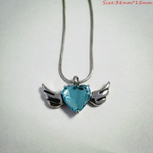 Light Blue Crystal Heart&Wing Cremation Urn Necklace for Women Loved One Memorial Ashes Jewelry+Fill Kit