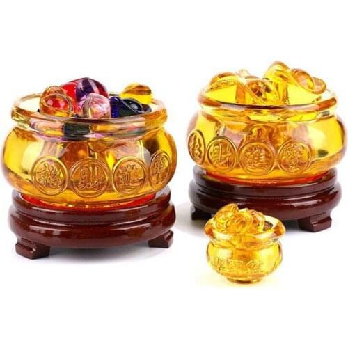Unique Design Chinese Crystal Gold Ingots Glass Yellow Wealth Cornucopia Treasure Bowl Statue Decoration Gifts