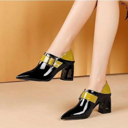 Microfiber Leather High Heels 2021 British Style Women Shoes Buckle Strape Pointed Toe Square Heel Female Footware Black YELLOW