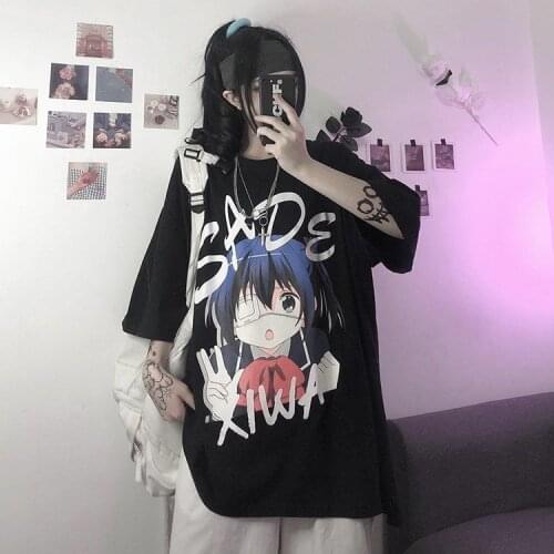 2021 Summer black t-shirt vintage Anime Cartoon T Shirt Women Clothes Gothic T Shirt Streetwear Print Loose Tops Korean