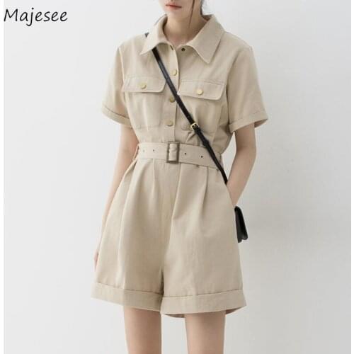 Rompers Women Summer Students Korean Style Cargo Empire Pockets Wide Leg with Belt Khaki All-match Fashion Casual Ladies Loose