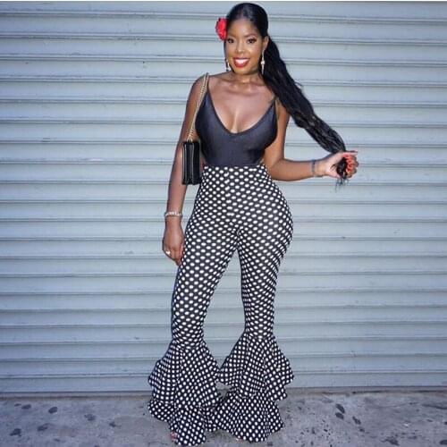 2021 Women Polka Dot Flared High-waisted Trousers Club Ruffle Pants Sexy Bell Bottom Flare Pants Streetwear Indie Style Fashion