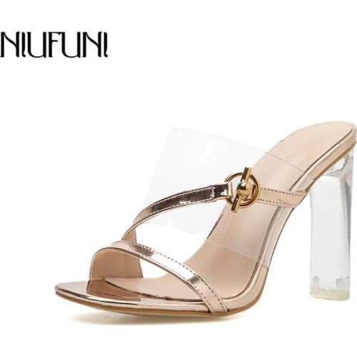 2019 Summer Women Shoes High Heels Peep Open Toe Women Party Shoes Slip On Block Outdoor Clear High Heeled Big Size 35-42