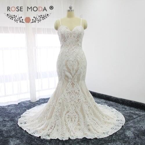 Rose Moda Stunning Sequined Lace Mermaid Wedding Dress Thin Straps Ivory over Blush Wedding Dresses Lace Up Back