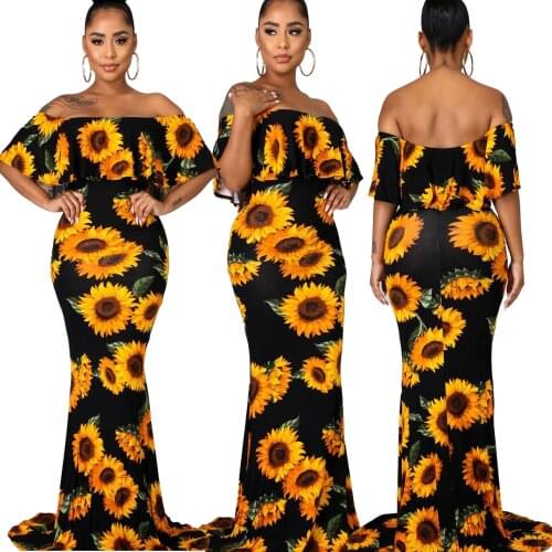 Slash Neck Tube Top Dress Sunflower Printing Trumpet Dress Yellow Bodycon Party Dress Celebrate Evening Night Robes Women Dress