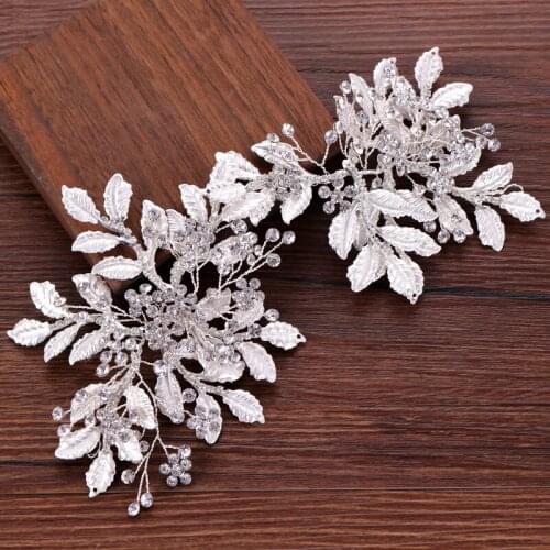 1PCS Silver Color Leaf Hairbands Rhinestone Wedding Hair Jewelry Accessories Handmade Beads Bridal Women Head Decoration