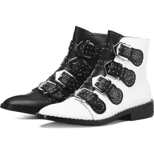 Fashion Spiked Suede Short Boots For Women Leather Flats Shoes Rhinestones Rivets Ladies Low Heels Buckle Martin Booties