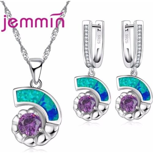 Charm Blue Fire Opal 925 Sterling Silver Crystal Necklace And Earring Set Bridal Wedding Jewelry Sets For Women Accessory