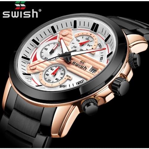SWISH Relogio Masculino Stainless Steel Watch Men Top Brand Luxury Fashion Chronograph Quartz Wrist Watch Waterproof Sport Clock