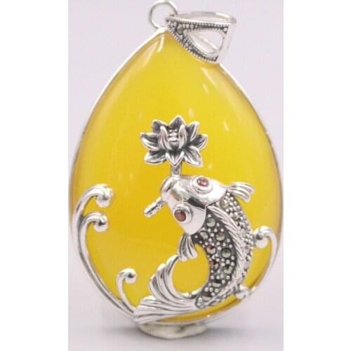 Pure 925 Sterling Silver Pendant 58x35mm Yellow Chalcedony Fish And Lotus Pattern Charms For Woman