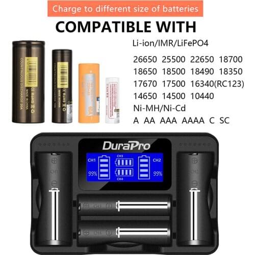 Durapro 4-Ports LCD USB Charger Universal for A AA AAA 18650 18490 18350 17670 17500 16340 RCR123 14500 10440 Li-ion Battery