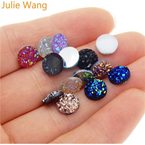 Julie Wang 100pcs 8mm Flatback Resin Druzy Round Cabochons Cameo For Charms Pendant Bracelet Jewelry Making Accessory Findings