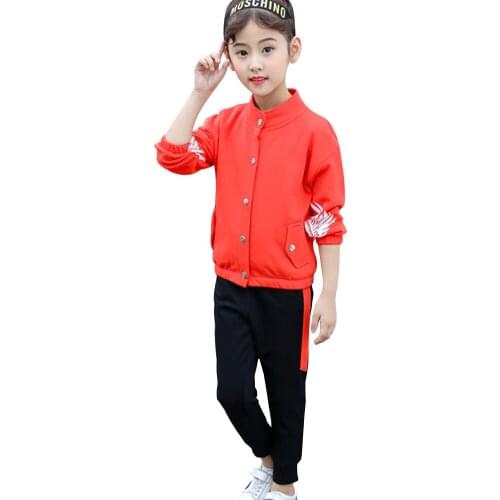 Two-Piece Clothing Sets Girls Coat with Single Breasted and Sweatpants Autumn Sportswear Cotton Outerwear Pants Teen Tracksuits