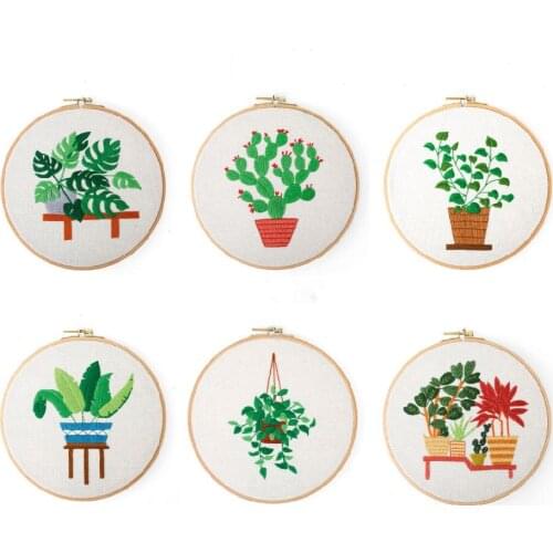 Green Plant DIY Embroidery Kit with Hoop for Beginner Pattern Printed Cross Stitch Handmade Sewing Art Painting Home Decor Gift