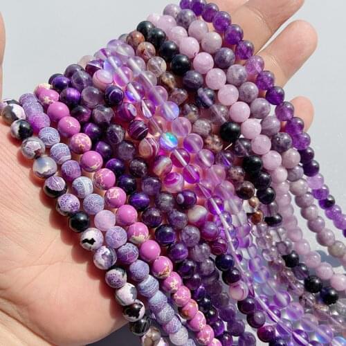 Natural Stones Purple Tiger Eye Crystal Amethysts Jades Jaspers Agates Beads Round Loose Spacer Charms Beads for Jewelry Making