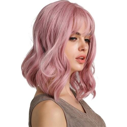 Natural Women Wavy Curly Wig Synthetic Cosplay Anime Pink Wigs W/ Flat Bangs