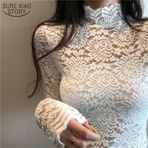New Arrival Spring Lace White Blouse Shirts Women Long Sleeve Casual Solid Shirt Tops Slim Half Turtleneck Sexy Tops Women 12709