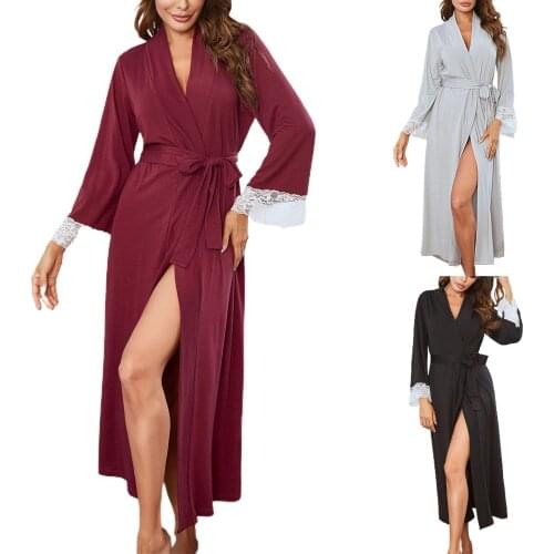 New Stylish Women Long Sleeve Lace Patchwork Belt Soft Sleepwear Bath Robe Maxi Night Gown Dress
