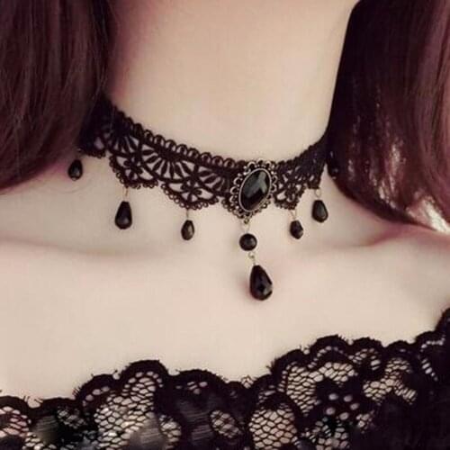 New Collares Sexy Gothic Chokers Crystal Black Lace Neck Choker Necklace Vintage Victorian Women Chocker Steampunk Jewelry