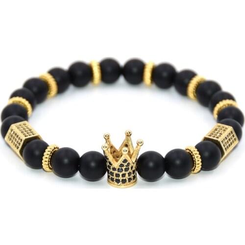 Couple Jewelry Pave CZ Charm Bracelets for Women 8mm Black Beads Natural Stone Bracelet Men