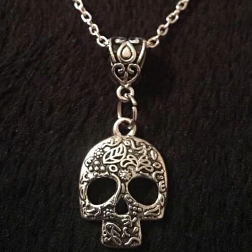 Sugar Skull Necklace Pendant Vintage Silver Collares Chain Charms Skull Gothic Choker Necklace For Women Jewelry Fashion Gift