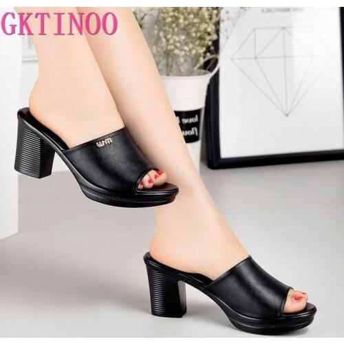 GKTINOO Women Sexy High Heel Clogs Summer Peep Toe Platform Mules Ladies Genuine Leather Slippers Female Slip On Sandals Shoes