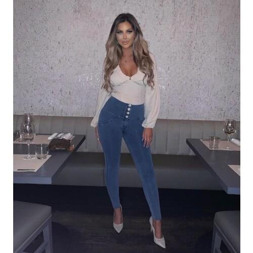 Melody Four Ways Stretchable Light Blue Yellow Stitching Jeans Leggings Women 4 buttons High Waisted Push Up Jeggings Clothes