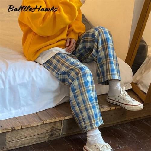 Harajuku Plaid Pants Women Oversize Wide Leg Trousers Female Korean Style High Waist Checkered Pajama 2021 Spring Summer