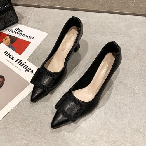 2021 New Women High Square Button Shoes Pointed Toe Shallow Mature Female Pumps Breathable Handmade Office Ladies Shoes