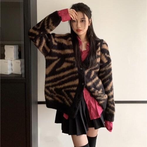 2021 NEW Women Autumn Stripe Zebra Mohair Cardigan