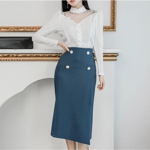 Spring Summer New 2 Pieces Set Women White Shirts Blouses And High Waist Bodycon Pencil Skirts Korean Office Lady Casual Suit