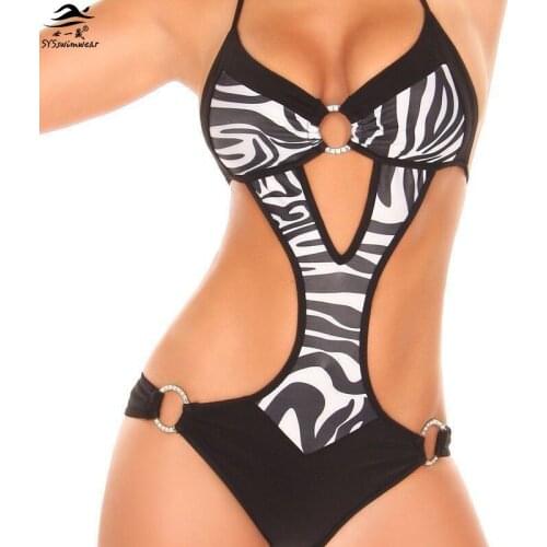 New Summer Women One Pieces Monokini Leopard Metal Loop Swimsuit Halter Adjustable Push up Swimwear 4 Colors Bathing Suit