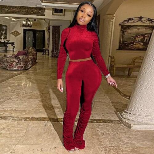 Light Grey Red Velvet Tracksuit Women Two Piece Outfits Turtleneck Long Sleeve Crop Top and Stacked Bell Bottom Pant Sweatsuit