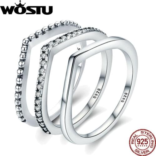 WOSTU Simple Rings 100% 925 Sterling Silver Shimmering Wish Stackable Ring For Women Wedding Original Fashion Jewelry Gift