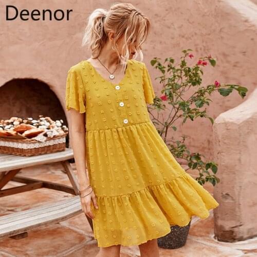Deenor 2021 Women Floral Embroidery Dress Party Elegant A Line Mini Sundress Yellow Sweet Dating Dresses Ladies Solid Clothing