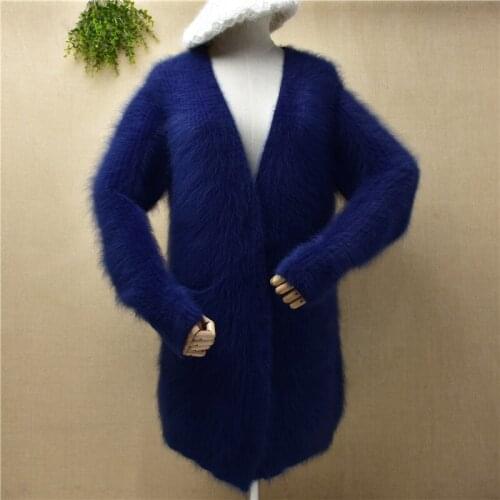 Brandy melville ladies women hairy mink cashmere knitted long v-neck cardigans angora fur winter thick long coat jacket sweater