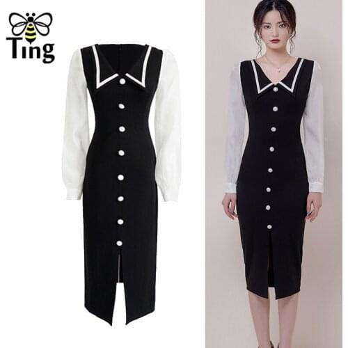 Tingfly Vintage Elegamt Peter Pan Collar Black vs White Bodycon Midi Dresses Women Retro Button Slim Casual Dress Elbise Vestiti