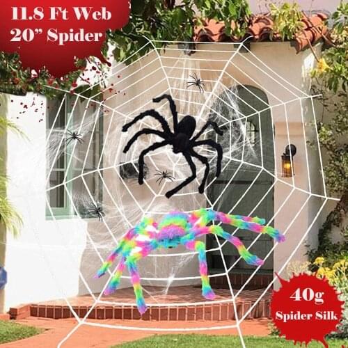 11.8ft Plush Spider Web Stretch Cobweb Set with 23.4in Colorful Giant Realistic Looking Hairy Spider, for Halloween Outdoor Yard