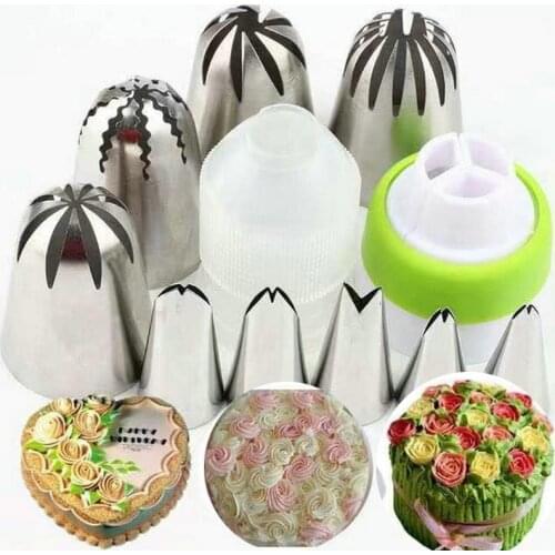 11Pcs Large Rose Cream Cake Russian Nozzles Leaves 2Pcs Coupler Decorating Tips Set Stainless Steel Cake Cupcake Decorator