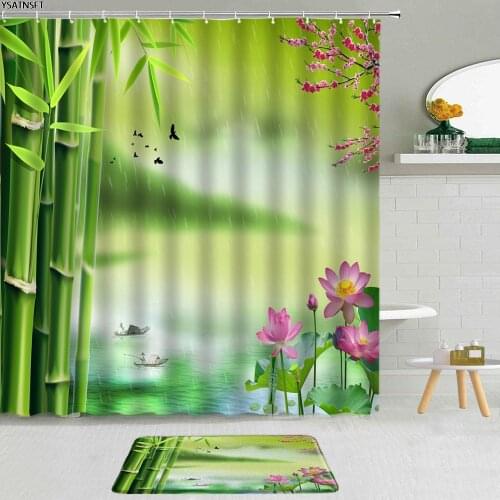 2Pcs Chinese Style Landscape Shower Curtains Lotus Green Bamboo White Crane Flower Fabric Non-Slip Bath Mat Decor Bathroom Set