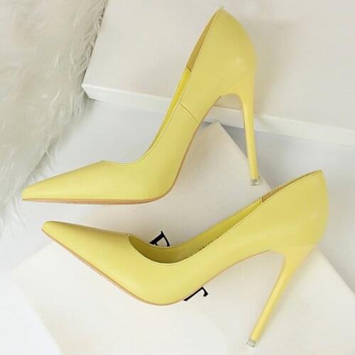 2020 Sweet Women Candy Colors Thin High Heels Pointed Toe Shallow Pumps Sexy Lady Blue Pink Yellow Evening Party Shoes Big Size
