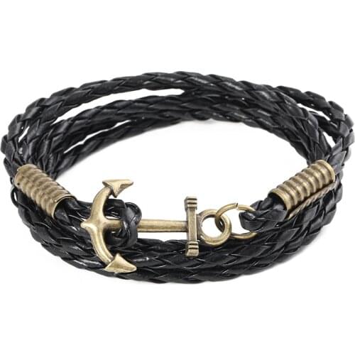 High quality fashion black anchor bracelet mens charm survival rope chain leather friendship bracelet men and women jewelry