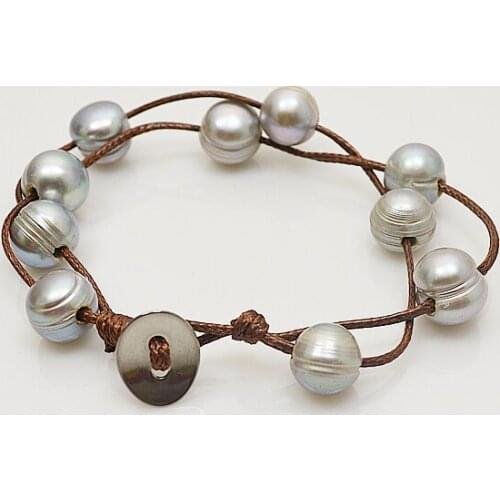 Genuine pearl bracelet necklace 2rows gray color freshwater pearl on brown rope jewelry more length for choose